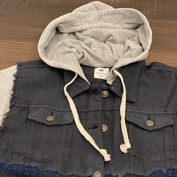 Like Love Navy Tie Dye Denim Jean Jacket Hoodie w/ Heathered Gray Grey Sleeves - Picture 9 of 16